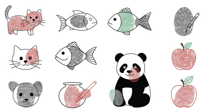 Creative collection of animals and objects such as cats fish a panda and apples filled with detailed fingerprint textures.