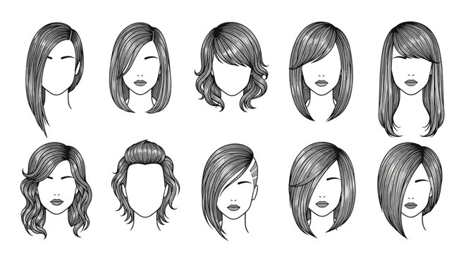 Collection of twelve female head silhouettes with various detailed hairstyles ranging from short bobs to long wavy hair.