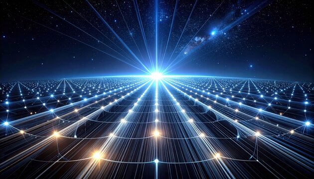 A luminous, self-sustaining grid of light filaments forming an intricate digital network extending towards a distant horizon in a cosmic blue background.