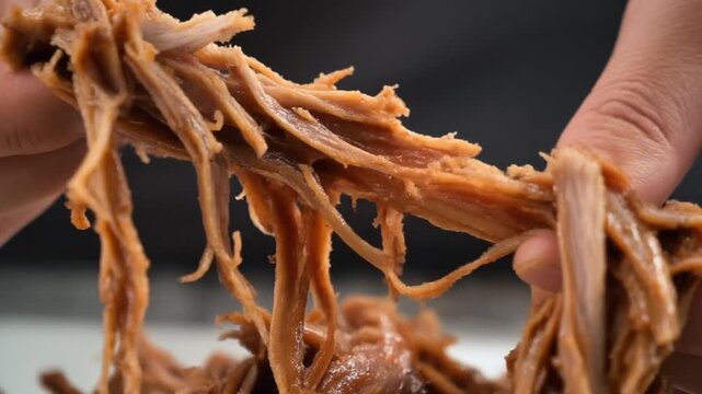 Slow motion close-up of hands pulling apart cooked meat, revealing juicy shredded texture, rich brown color, for culinary demonstrations
