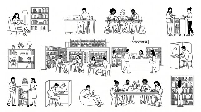 Set of minimalist line art illustrations depicting diverse people studying and reading in a modern library ideal for educational resources and digital 