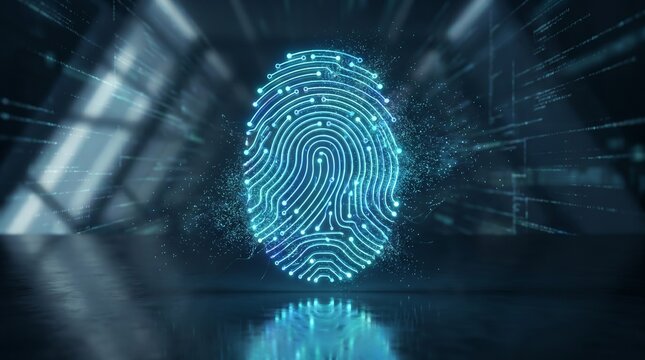 A glowing blue fingerprint scan occurs in a dark futuristic laboratory with technology and security elements.