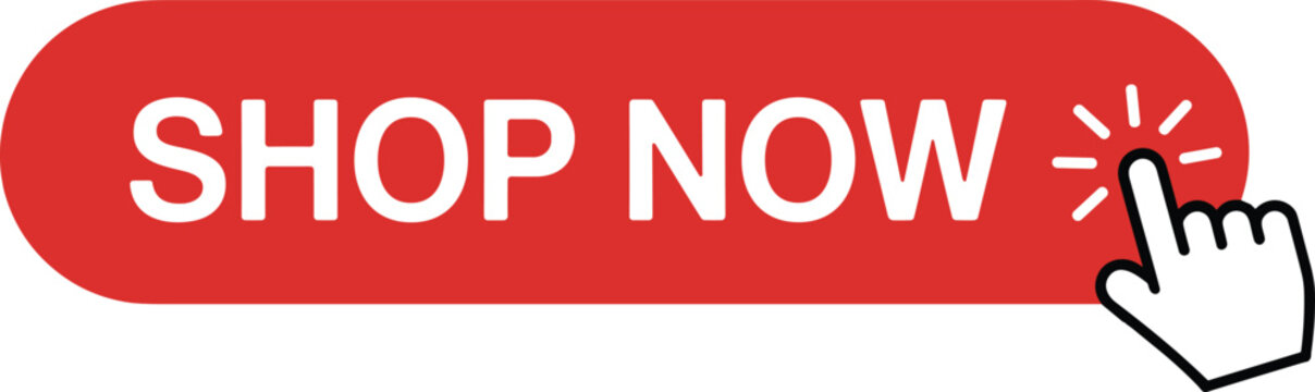 Red shop now button, hand cursor clicking online shopping icon, call to action graphic element for web e-commerce promotion