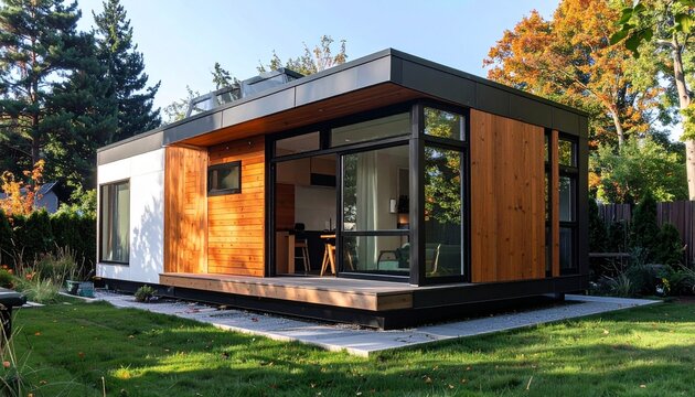 Modern Prefab Home with Wood and Glass Exterior Design.