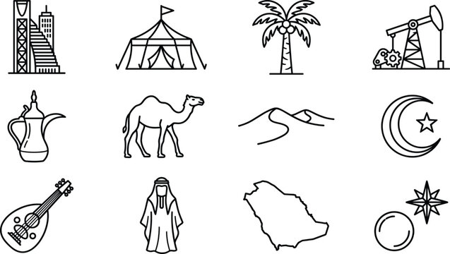 Saudi Arabia culture line icon vector set with camel desert palm oil map and traditional symbols