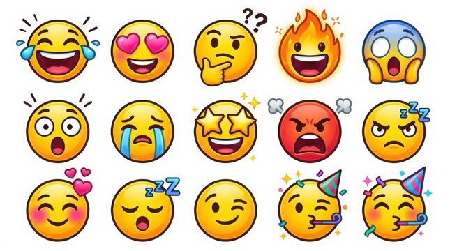 Set of various expression yellow emoticons and emojis collection on white background with emoticon expression collection illustration laughing surprised thinking
