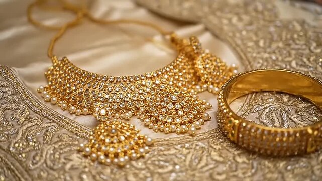 Exquisite Gold Jewelry Set with Intricate Detailing and Pearls.