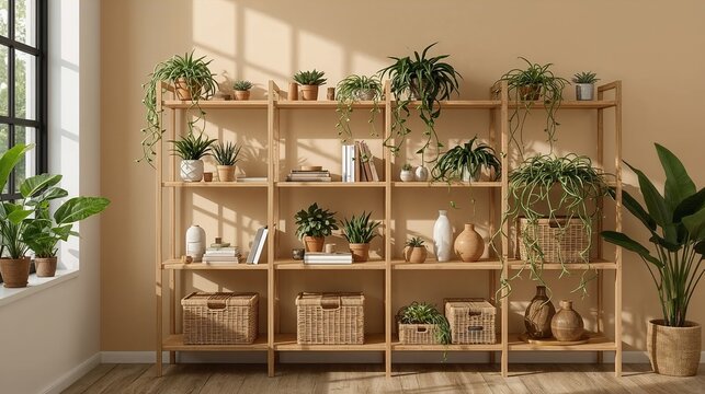 side angle perspective of light oak shelving unit placed against warm beige wall