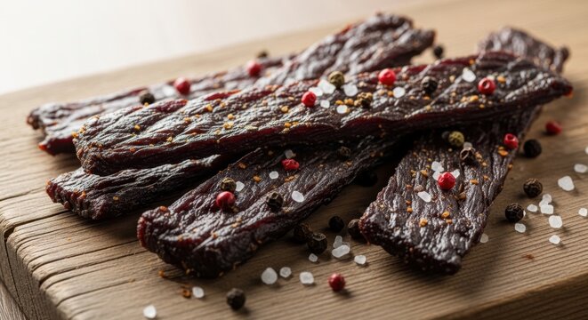 Deliciously seasoned beef jerky with visible pepper and salt seasoning on a wooden surface