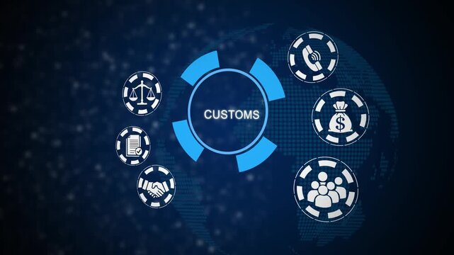 Customs clearance process animation with global trade and currency symbols customs process international trade