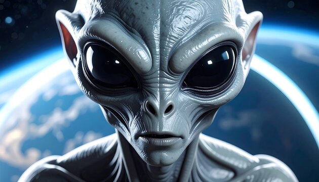 Close-up portrait of a gray alien with large black eyes, planet Earth, and stars blurred in the background