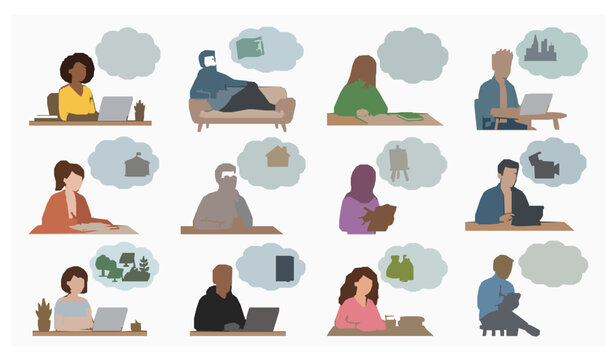 Dreaming People Vector Set with Thought Bubbles Young Men and Women Working Studying and Relaxing Cartoon Characters Collection