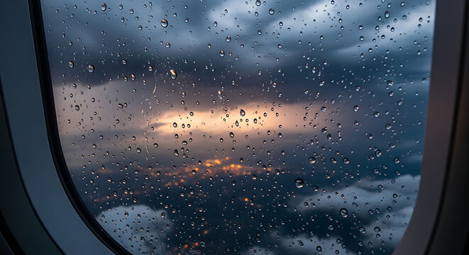 Dramatic stormy sky viewed through airplane window with raindrops on glass during sunset or sunrise aerial view of clouds and sky with warm sunlight peeking through dark clouds.