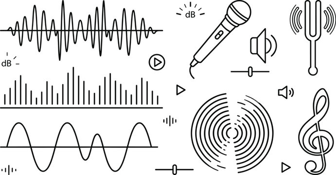 Audio sound wave line icon vector set with microphone equalizer treble clef and tuning fork
