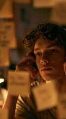 Obraz premium Teenager in headphones gazes thoughtfully into the mirror surrounded by blurred stickynote affirmations warm golden light casting a cozy glow on the study corner