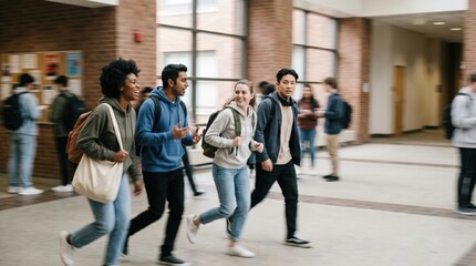 Fototapeta premium Diverse Group of Young Adult College Students Walking and Talking Together in a Modern University Hallway