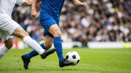Fototapeta premium Professional male soccer players competing for ball possession on green grass field during intense match