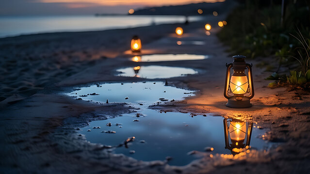 Row of warm glowing lanterns reflecting in puddles along a tropical beach path under a dark sunset sky