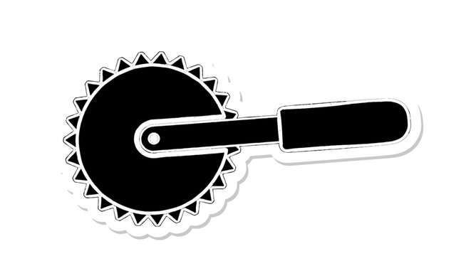 Black pizza cutter wheel with handle, isolated on white background, graphic icon