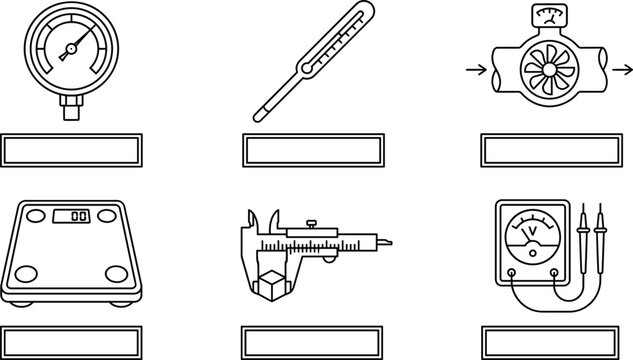 Measurement tools line icon vector set including pressure gauge thermometer flow meter scale caliper and voltmeter