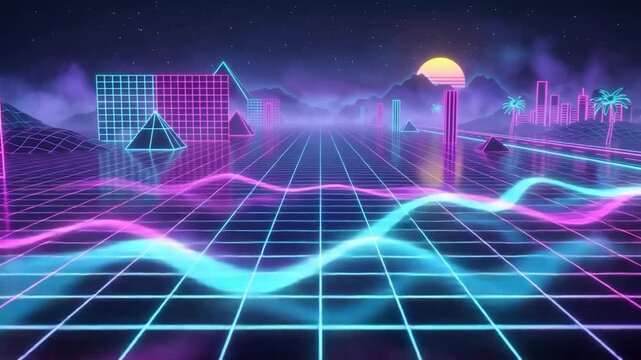 Retro 80s synthwave landscape with neon grid, mountains, palm trees, and glowing sunset