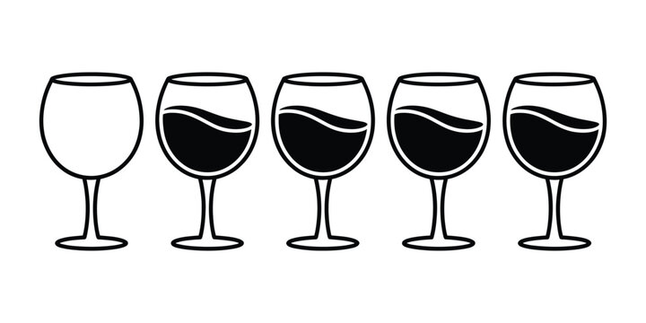 Wine glass vector icon black and white minimalist illustration of empty and full wine glasses with liquid wave motion for restaurant menus bar identity winery tasting events and branding materials