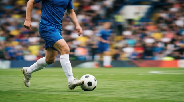 Professional male soccer player dribbling ball on green grass field during competitive match