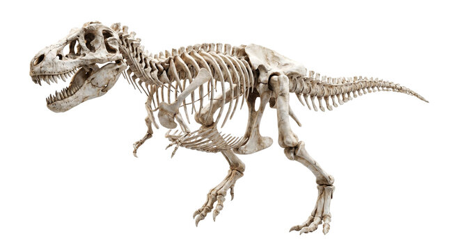 Tyrannosaurus Rex skeleton fossil display on a white background, showcasing prehistoric dinosaur bones.