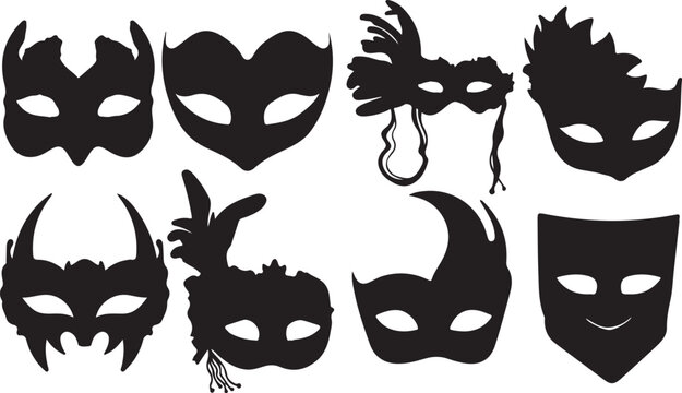 Set of black masquerade masks silhouettes for venetian carnival with masquerade