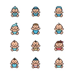 Fototapeta premium Set of pixel art infant characters with different outfits