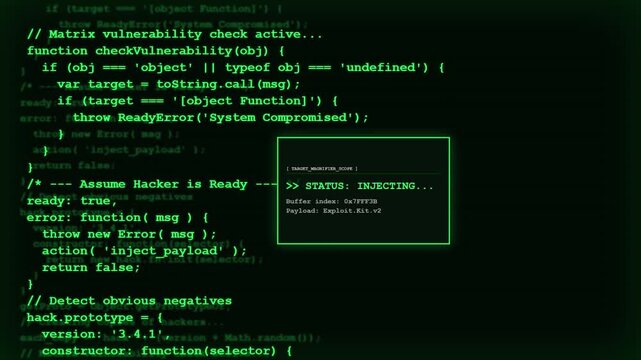 Futuristic Hacker Malicious Code Matrix Vulnerability Check Alert Critical Overflow Red UI Interface Screen Display.