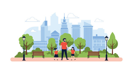 Naklejka premium Father walking hand in hand with his two young daughters through a serene urban park with city skyscrapers in the background.