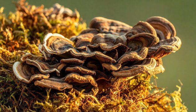 Cluster of dried wild bracket fungi growing on mossy wood, showcasing intricate layered textures and natural earthy tones.