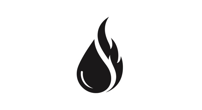 Black stylized flame and drop icon on white background, representing fire and liquid