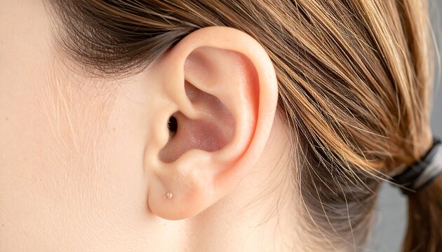 Close-up side view of a Caucasian woman's ear and textured, light brown hair pulled back into ponytail