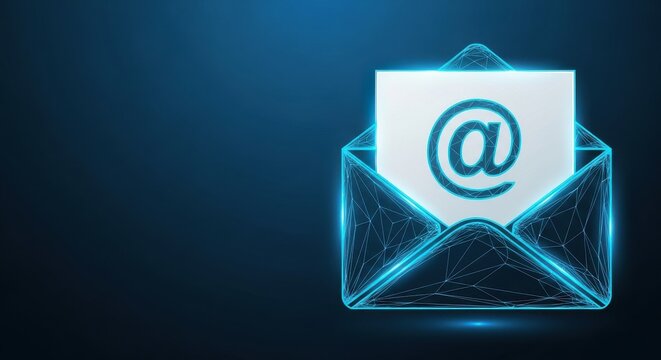 Digital Email Envelope with @ Symbol on a Blue Futuristic Background
