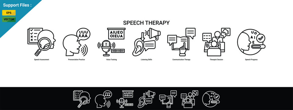 Speech Therapy Concept with Communication Development, Language Rehabilitation and Speaking Practice Icon Set. outline icon set. Black Background With White.