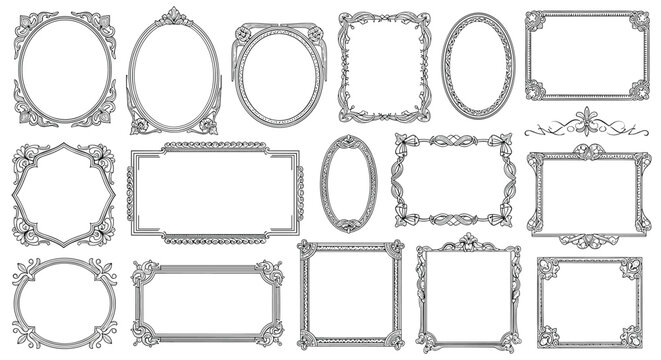 Extensive collection of ornate vintage frames in various shapes including oval, rectangular, and round for classic decorative design.