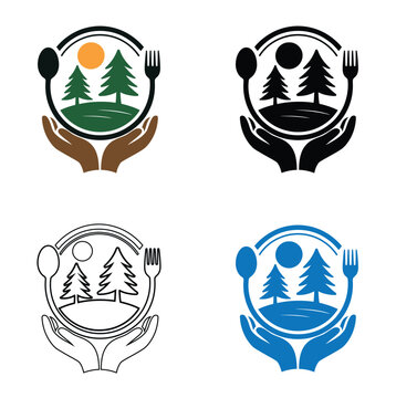 Set of four food restaurant logo designs featuring hands holding plates with pine trees and sun icons plus fork and spoon elements for catering businesses in minimalist line art and colored style.