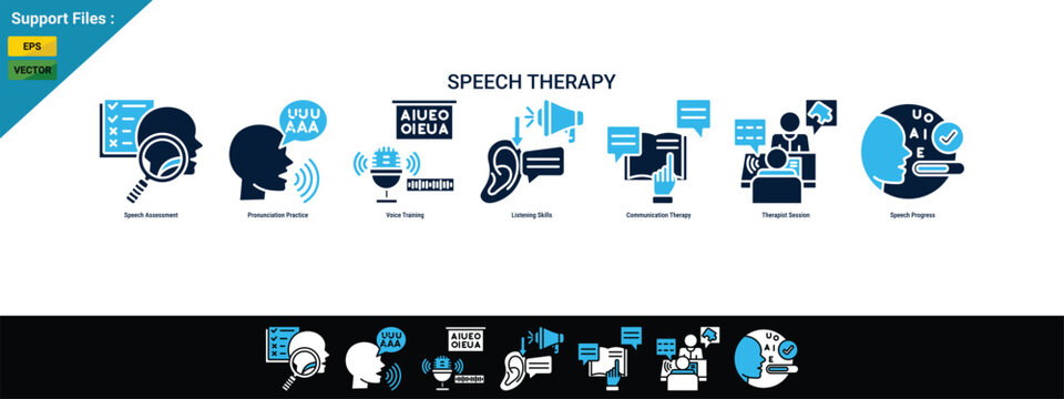 Speech Therapy Concept with Communication Development, Language Rehabilitation and Speaking Practice Icon Set. two color icon set. Black Background With White.