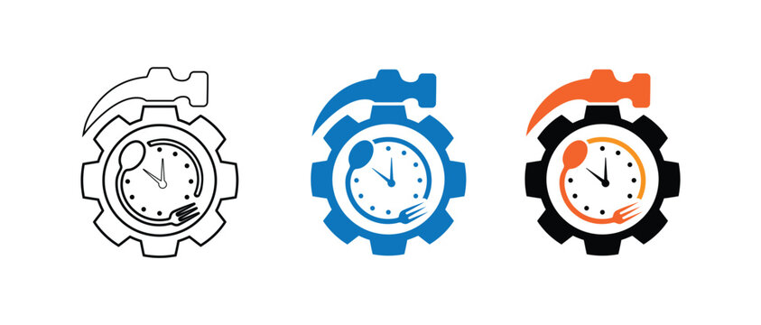Set of time repair logo concept with gear hammer and clock icons for restaurant services maintenance including black and blue versions suitable for plumbing home improvement or food industry.