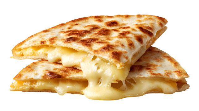 Crispy grilled cheese quesadilla with stretchy melted cheese inside a golden tortilla, isolated on a light background.