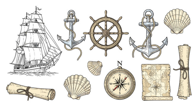 Vintage nautical collection featuring a traditional sailing ship anchors a wooden wheel compass antique maps and scrolls for marine decor.