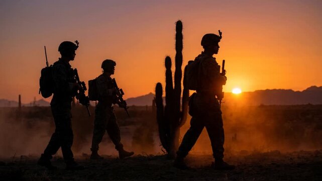 Silhouette of three fully equipped soldiers standing in desert landscape, drifting dust, slow-motion cinematic scene, dramatic tactical atmosphere, 4K video