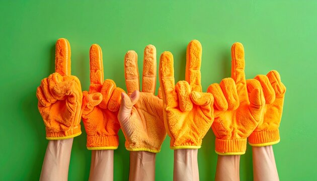 Hands wearing orange gloves showing gestures on green background