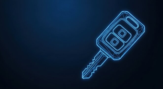 Futuristic Digital Car Key Wireframe Glowing Neon Blue Against Dark Background