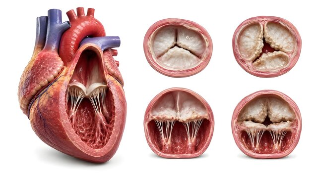 Heart valve disease featuring detailed cardiac valve structures and pathological valve abnormalities.