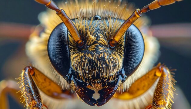 Detailed macro shot of a bees face showcasing intricate details.