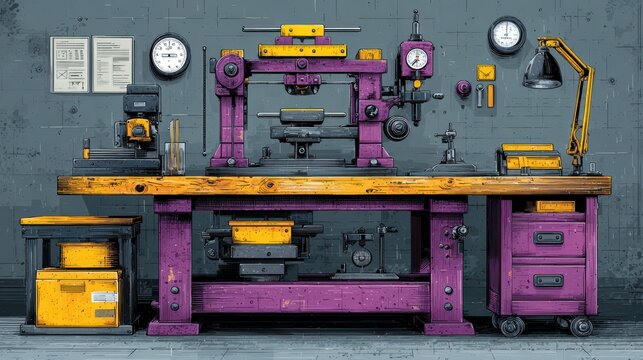 Workshop scene a large workbench with various metalworking tools