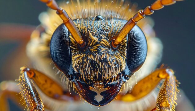 Detailed macro shot of a bees face showcasing intricate details.